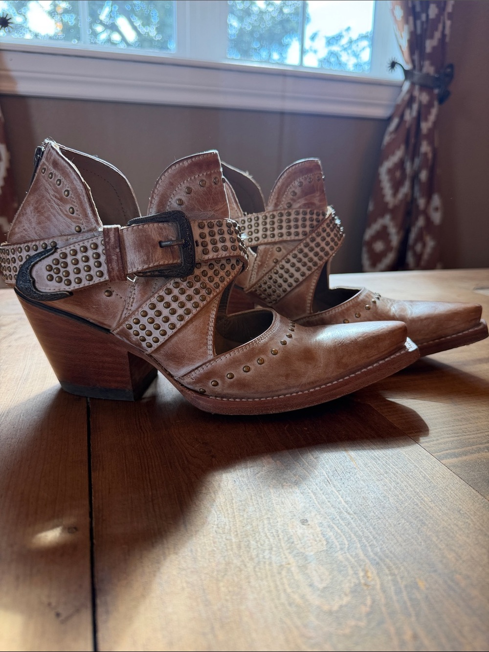 Ariat Tan Studded Cutout Heeled Booties with Buckle
